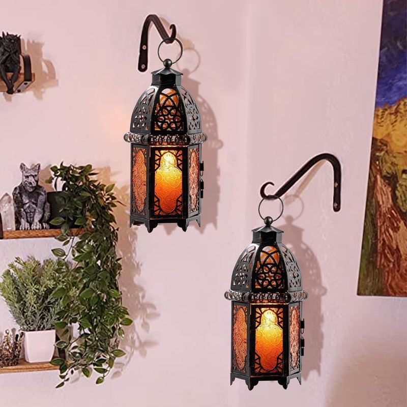 DECORKEY Vintage Large Size Decorative Ramadan Candle Lantern, 12.8â€™â€™ Metal Hanging&Tabletop Moroccan Lantern Candle Holder Decor, Halloween Christmas Decorations for Home Indoor Outdoor Patio (Amber) - Image 3