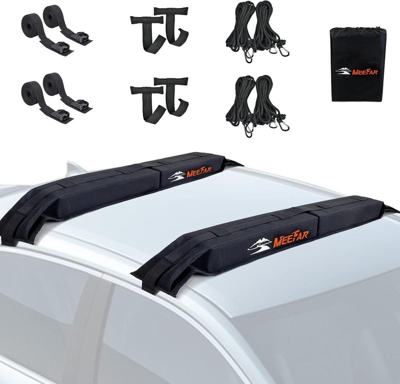 MeeFar Universal Car Soft Roof Rack Pads Luggage Carrier System for Kayak Surfboard SUP Canoe Include 2 Heavy Duty Tie Down Straps, 4 Tie Down Rope, 4 Quick Loop Strap and Storage Bag - Image 1
