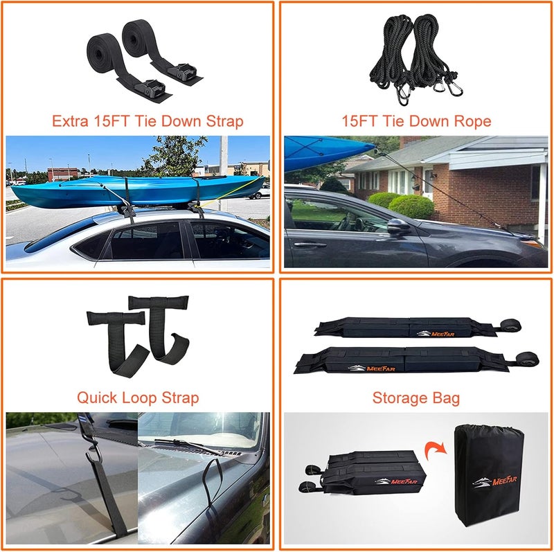 MeeFar Universal Car Soft Roof Rack Pads Luggage Carrier System for Kayak Surfboard SUP Canoe Include 2 Heavy Duty Tie Down Straps, 4 Tie Down Rope, 4 Quick Loop Strap and Storage Bag - Image 4