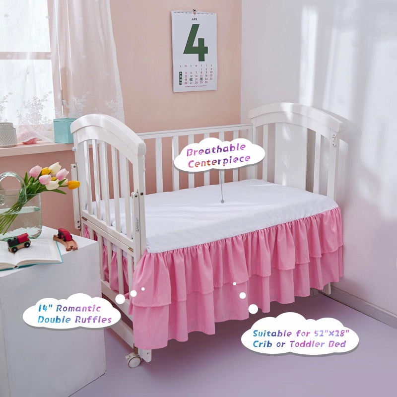 JSD Pink Crib Bed Skirt 14 in Deep Drop Dust Ruffle Double Layer Microfiber Nursery Bedding Skirt for Baby Girls - Image 2