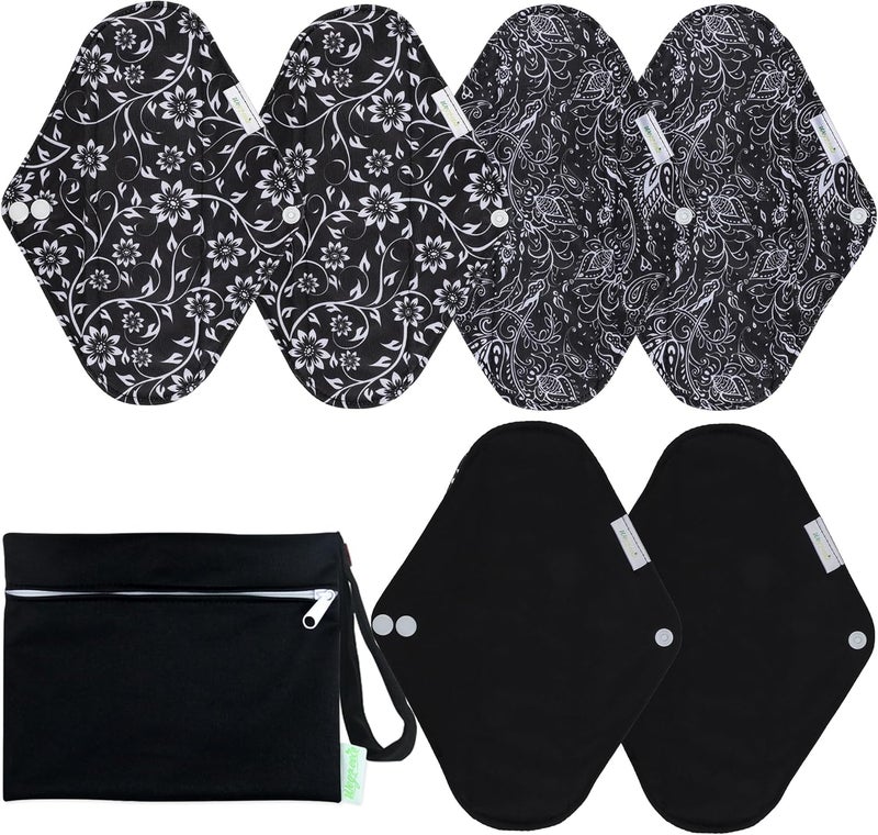 Wegreeco wegreeco Reusable Menstrual Pads - Reusable Sanitary Pads | Reusable Panty Liners | Soft Cloth Menstrual Pads - 6 Pack with 1 Cloth Mini Wet Bag (Large, Black Flowers)