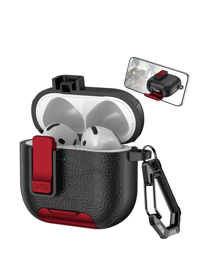 AirPods 4 Case with Phone Stand, Secure Lock Design Silicone Protection with Leather Texture for Airpod 4 (Black Red)  - Image 1