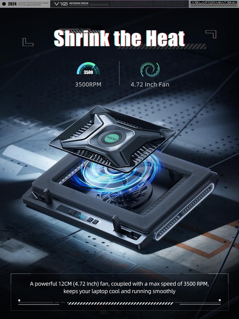 llano V10 Gaming Laptop Cooler, Laptop Cooling Pad Stand with Powerful 4.72 Inch External Turbo Cooling Fan, Fast Cooling Computer 13-17.3in, Button Control, 3 Adjustable Stand (Black) - Image 2