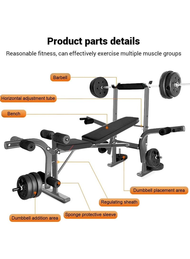 standard weight training bench, perfect for full body training at home gym, bench press stand with cylindrical foam elbow support and handles, leg extender