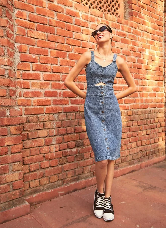 ساسافراس Blue Cut-Out Denim Sheath Dress for Women
