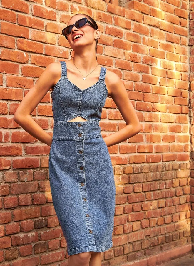 SASSAFRAS Blue Cut-Out Denim Sheath Dress for Women