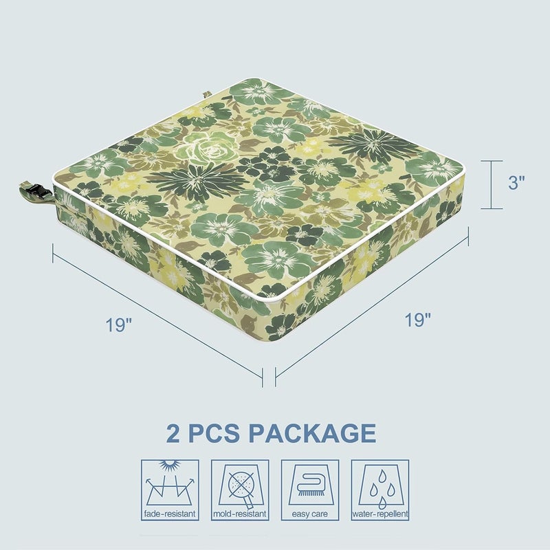 LVTXIII Patio Chair Cushions 19"x19"x3", Water-Repellent Outdoor Seat Cushions for Patio Furniture, Square Chair Pads with Ties for Home Garden Decoration, Set of 2, Green Rose - Image 3