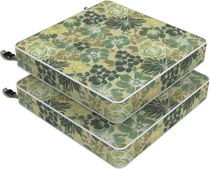 LVTXIII Patio Chair Cushions 19"x19"x3", Water-Repellent Outdoor Seat Cushions for Patio Furniture, Square Chair Pads with Ties for Home Garden Decoration, Set of 2, Green Rose - Image 1