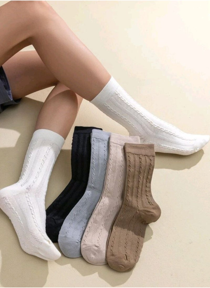 ماركة غير محددة - 🧦 جوارب نسائية قطنية بنقشة مضلعة – طقم 5 أزواج | ألوان محايدة وأنيقة | ناعمة ومريحة للتنقل اليومي - Image 1