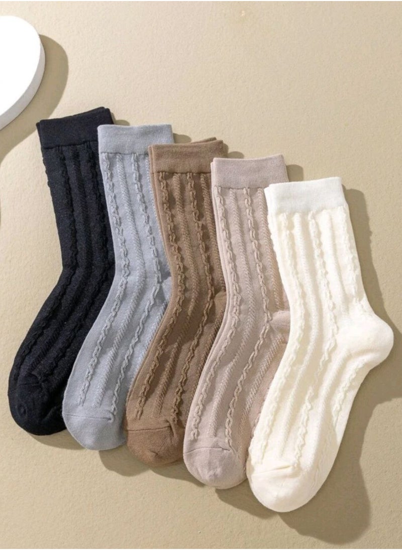 ماركة غير محددة - 🧦 جوارب نسائية قطنية بنقشة مضلعة – طقم 5 أزواج | ألوان محايدة وأنيقة | ناعمة ومريحة للتنقل اليومي - Image 1