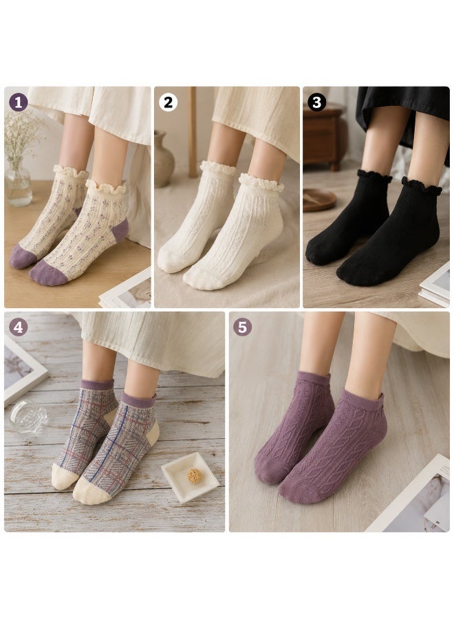 🧦 Women's Textured Ribbed Crew Socks – 5 Pairs | Neutral Color Set | Soft, Cozy & Breathable Everyday Cotton Socks - Image 1