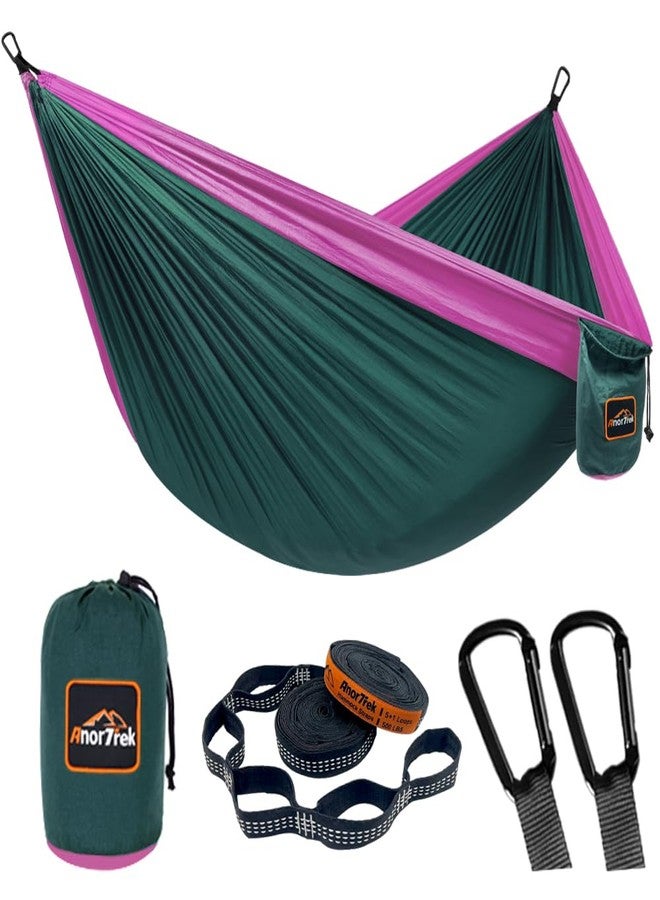 AnorTrek Camping Hammock, Super Lightweight Portable Parachute Hammock with Two Tree Straps Single or Double Nylon Travel Tree Hammocks Dark Green & Fuchsia - Image 1
