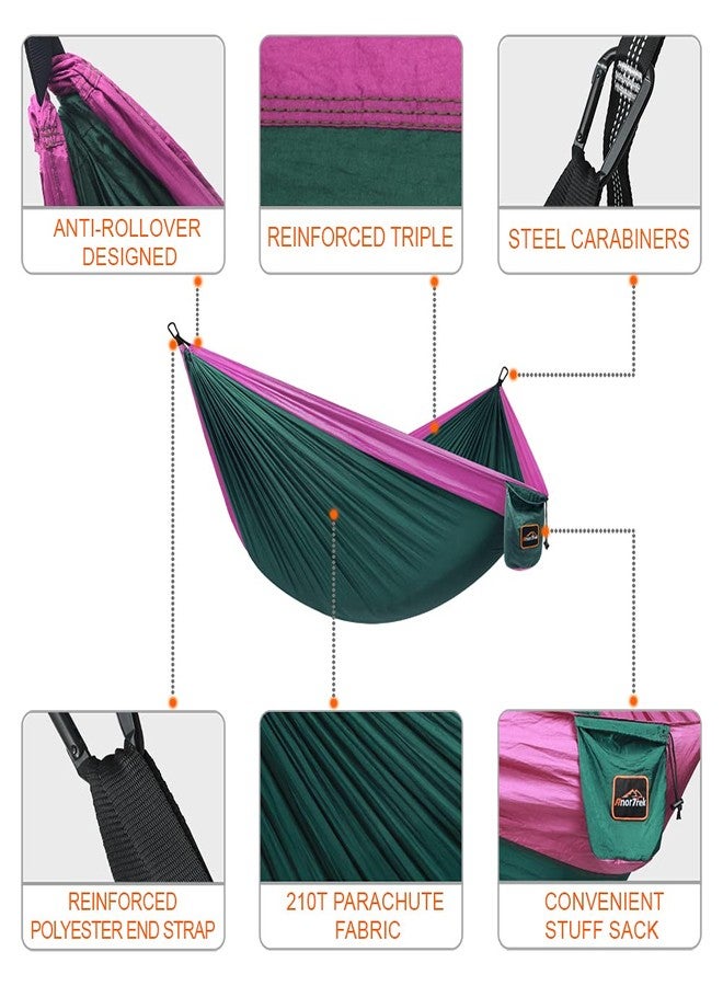AnorTrek Camping Hammock, Super Lightweight Portable Parachute Hammock with Two Tree Straps Single or Double Nylon Travel Tree Hammocks Dark Green & Fuchsia - Image 2