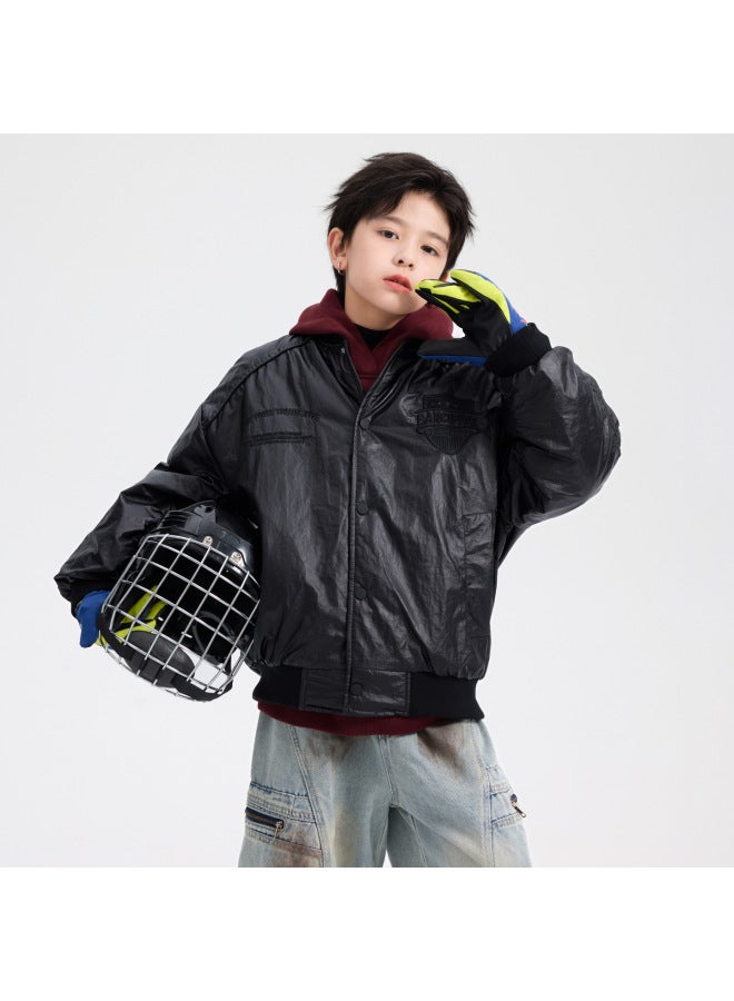 Boys' Winter Trendy Cool Biker-style Leather Jacket Baseball Cotton Coat  New Thickened Washable Jacket For Teenagers And Children