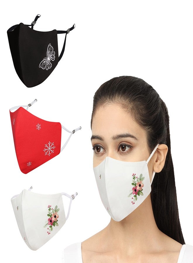 MASQ By Q-One 4 Layer Washable, Reusable, Size Adjustable, Anti-Bacterial (BFE>99%) Embroidered Cotton Cloth Face Mask Combo for Women, Girls with 1 Detachable Chain & 1 Lanyard (Medium, Pack of 3) - Image 1