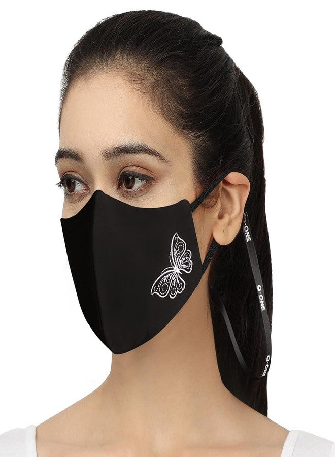 MASQ By Q-One 4 Layer Washable, Reusable, Size Adjustable, Anti-Bacterial (BFE>99%) Embroidered Cotton Cloth Face Mask Combo for Women, Girls with 1 Detachable Chain & 1 Lanyard (Medium, Pack of 3) - Image 2