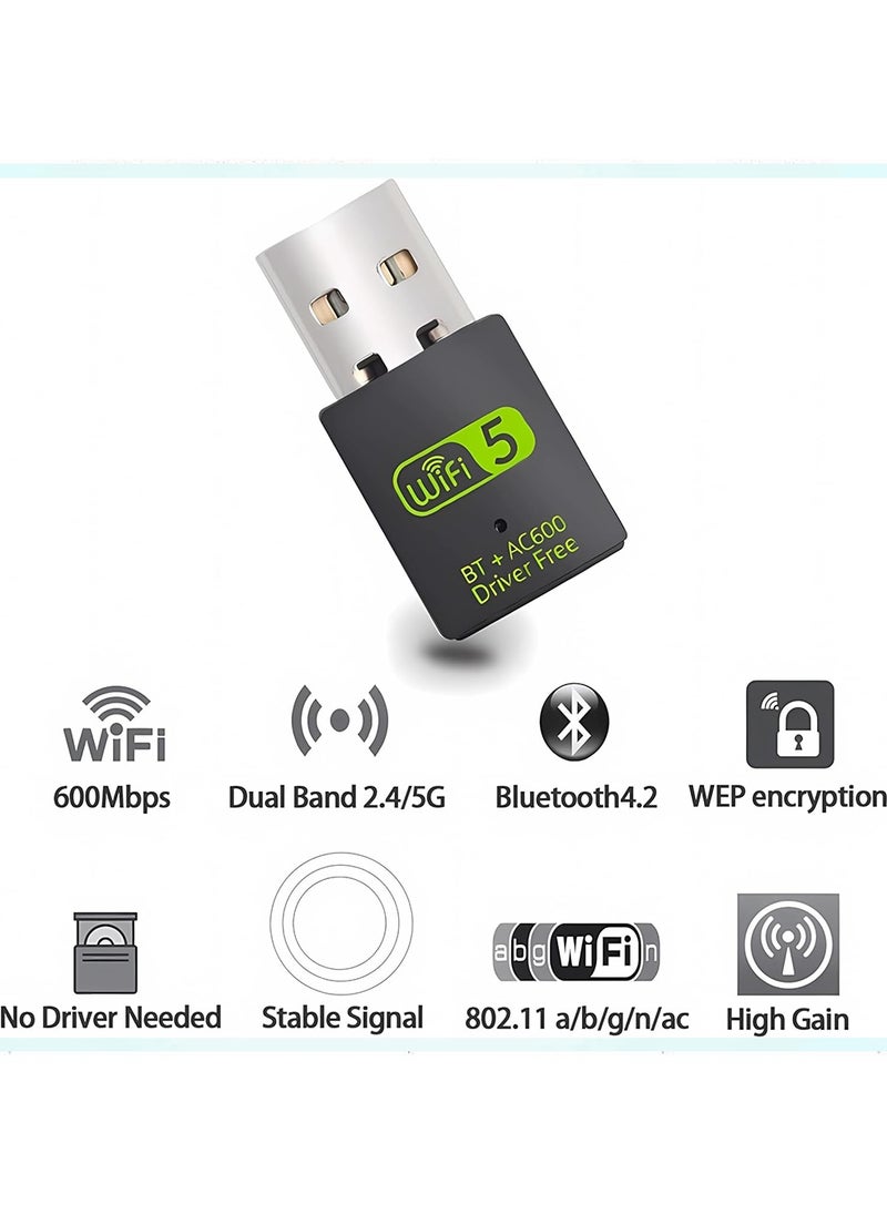 USB WiFi Bluetooth Adapter, 600Mbps Dual Band 2.4/5Ghz Wireless Network External Receiver, Mini WiFi Dongle for PC/Laptop/Desktop