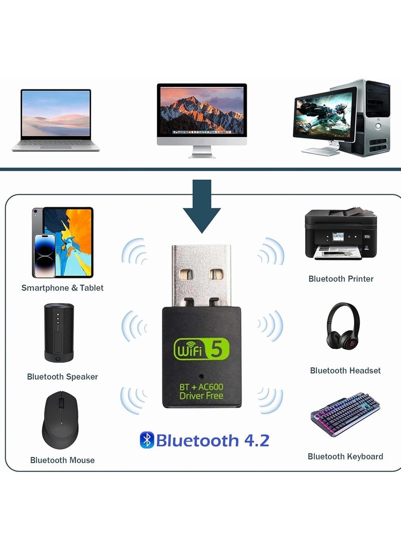 USB WiFi Bluetooth Adapter, 600Mbps Dual Band 2.4/5Ghz Wireless Network External Receiver, Mini WiFi Dongle for PC/Laptop/Desktop