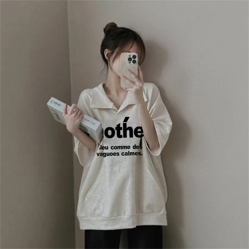 Factory Short-Sleeved T-Shirt Women'S 2024 Korean Polo Collar Harajuku Style Top Texture Loose Slim Large - Image 2