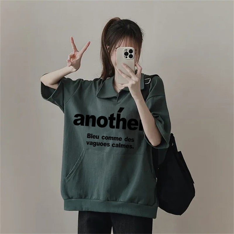 Factory Short-Sleeved T-Shirt Women'S 2024 Korean Polo Collar Harajuku Style Top Texture Loose Slim Large - Image 3