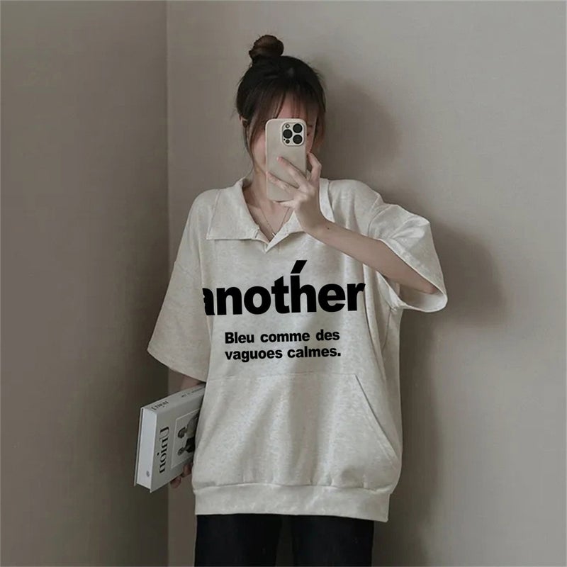 Factory Short-Sleeved T-Shirt Women'S 2024 Korean Polo Collar Harajuku Style Top Texture Loose Slim Large - Image 5