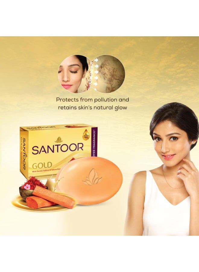 Santoor Gold Bathing Bar Soap with Kashmiri Saffron,Sandal& Sakura Extracts for Soft& Younger-Looking Skin|Gentle& Rich Lathering Formula with Refreshing Fragrance|For All Skin Types|125g,Pack of 6*2 - Image 2