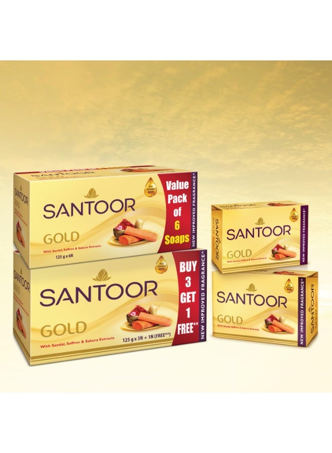 Santoor Gold Bathing Bar Soap with Kashmiri Saffron,Sandal& Sakura Extracts for Soft& Younger-Looking Skin|Gentle& Rich Lathering Formula with Refreshing Fragrance|For All Skin Types|125g,Pack of 6*2 - Image 3