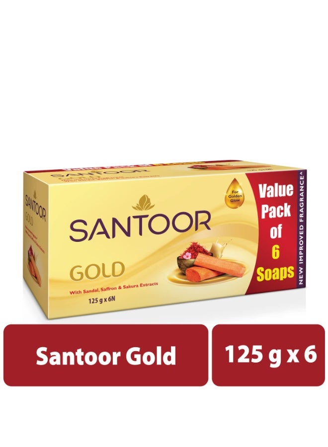 Santoor Gold Bathing Bar Soap with Kashmiri Saffron,Sandal& Sakura Extracts for Soft& Younger-Looking Skin|Gentle& Rich Lathering Formula with Refreshing Fragrance|For All Skin Types|125g,Pack of 6*2 - Image 4