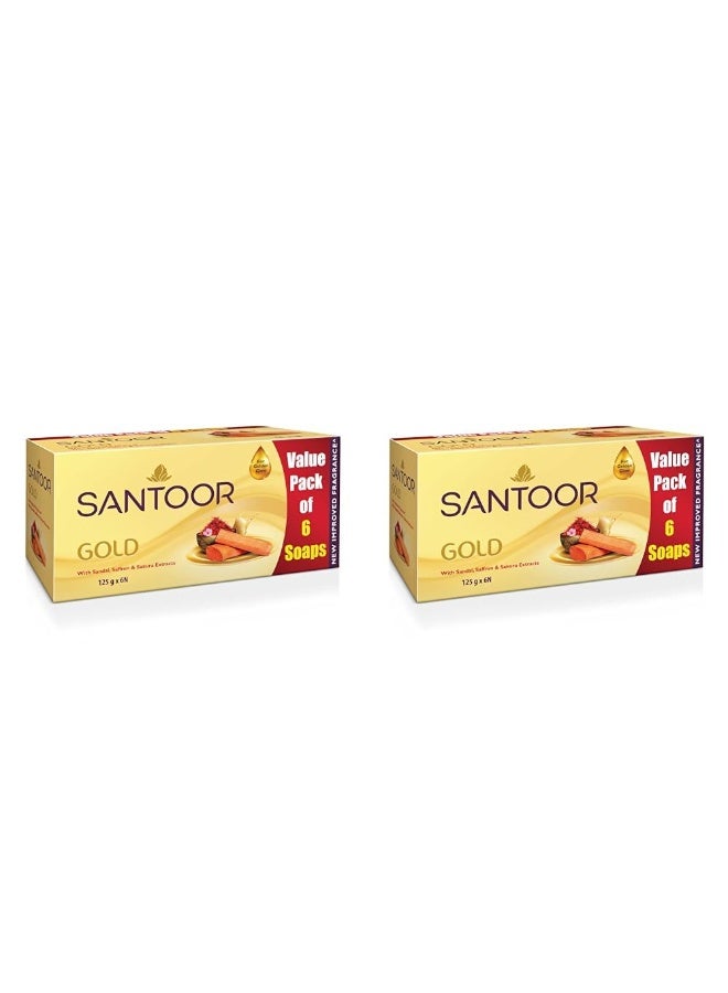 Santoor Gold Bathing Bar Soap with Kashmiri Saffron,Sandal& Sakura Extracts for Soft& Younger-Looking Skin|Gentle& Rich Lathering Formula with Refreshing Fragrance|For All Skin Types|125g,Pack of 6*2 - Image 1
