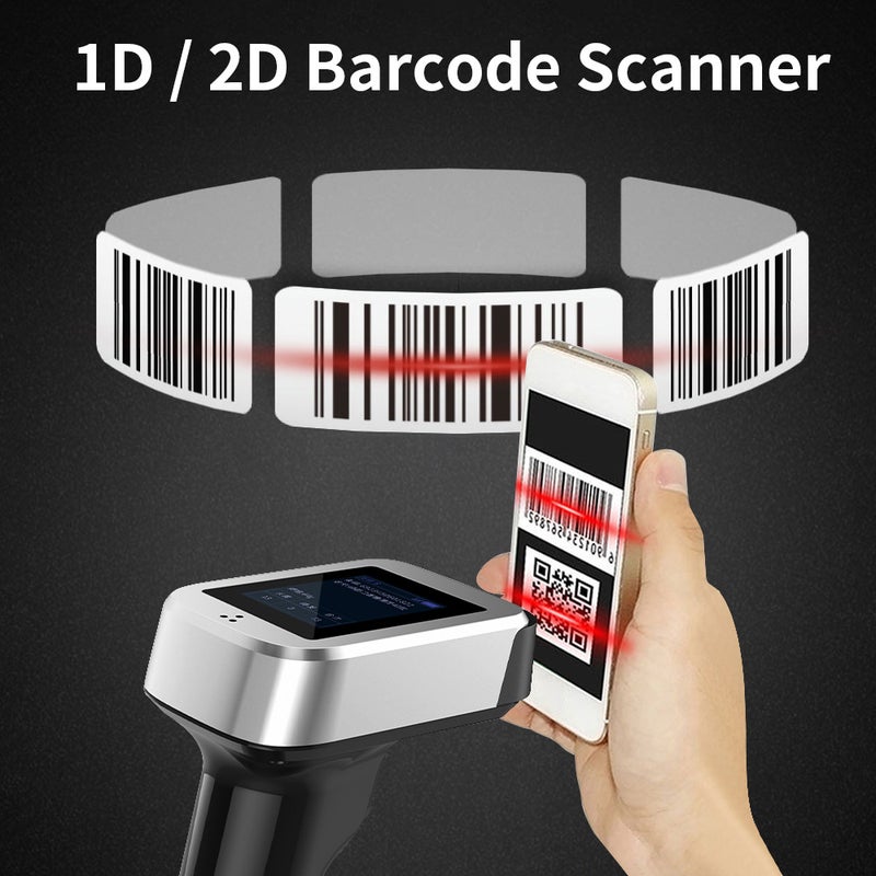 ماسح رموز الشريط 2D 1D QR مع شاشة عرض وقاعدة شحن، 3 في 1: اتصال بلوتوث و2.4 جيجاهرتز لاسلكي واتصال سلكي، شاشة LCD ملونة TFT مقاس 1.8 بوصة، متوافق مع ويندوز وأندرويد ولينكس وماك لاستخدام في المتجر - Image 2
