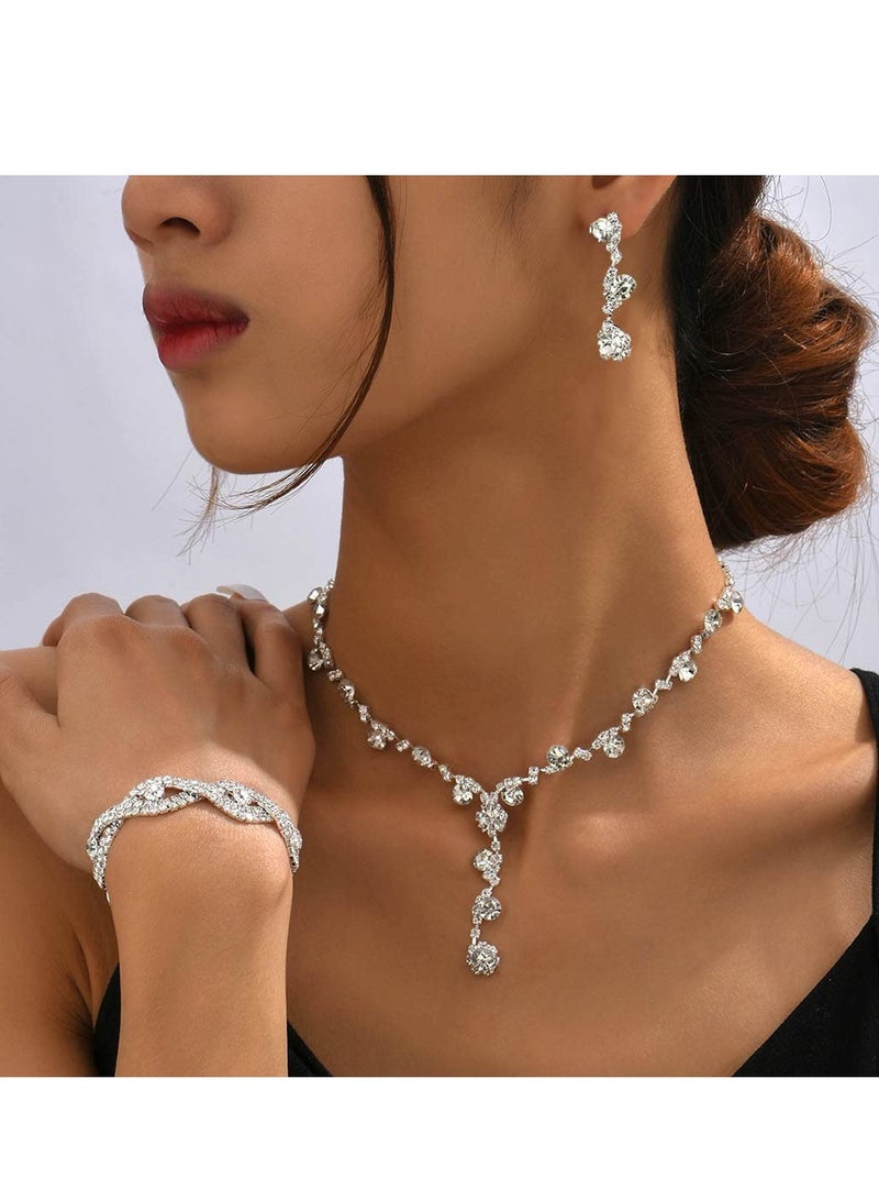 SYOSI Bride Wedding Jewelry Sets Crystal Bridal Necklace Bracelet Earrings Set Silver Prom Costume Jewelry Set Rhinestone Choker Necklace for Women and Girls  - Image 3