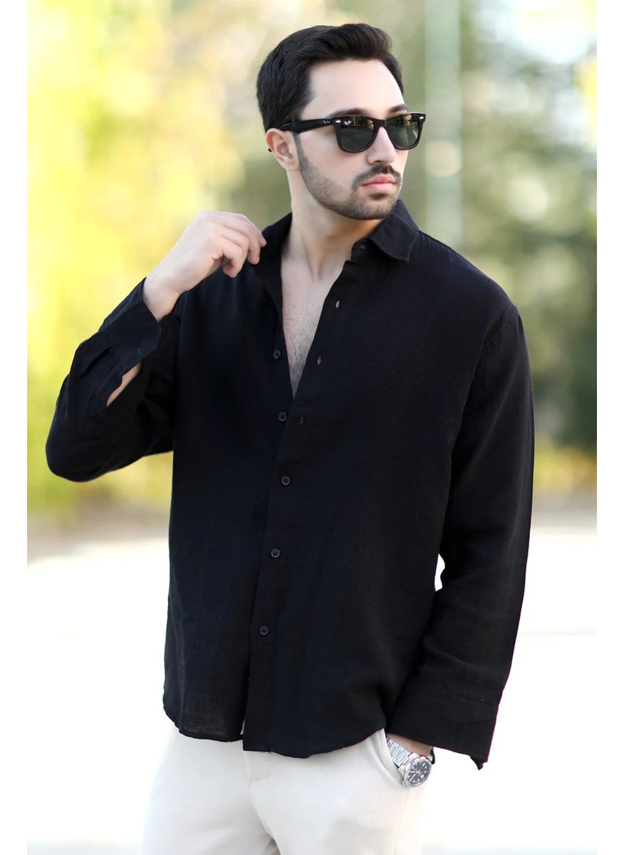 JOHN BORNERS - Men's Oversize Muslim Shirt Black Casual Cut Pocketless Cotton Blend - 16701 - Image 1