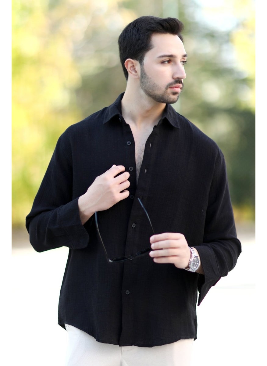 JOHN BORNERS - Men's Oversize Muslim Shirt Black Casual Cut Pocketless Cotton Blend - 16701 - Image 1
