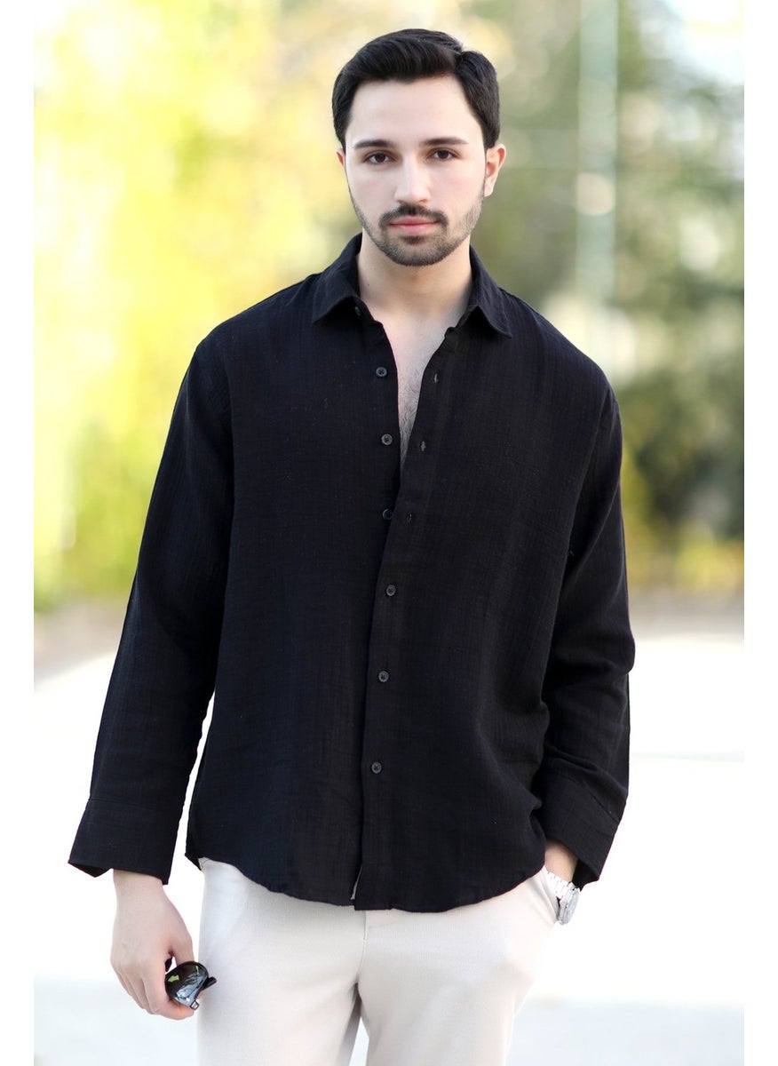 JOHN BORNERS - Men's Oversize Muslim Shirt Black Casual Cut Pocketless Cotton Blend - 16701 - Image 1