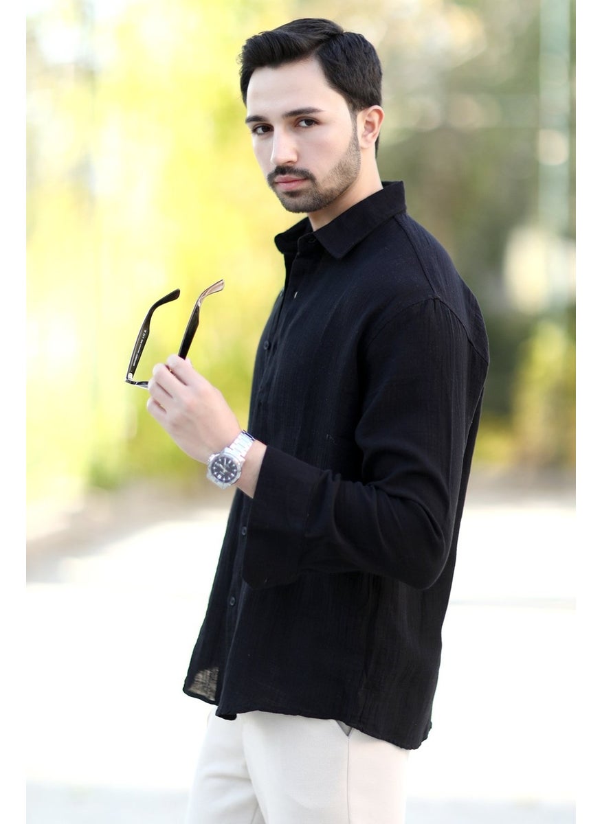 JOHN BORNERS - Men's Oversize Muslim Shirt Black Casual Cut Pocketless Cotton Blend - 16701 - Image 1
