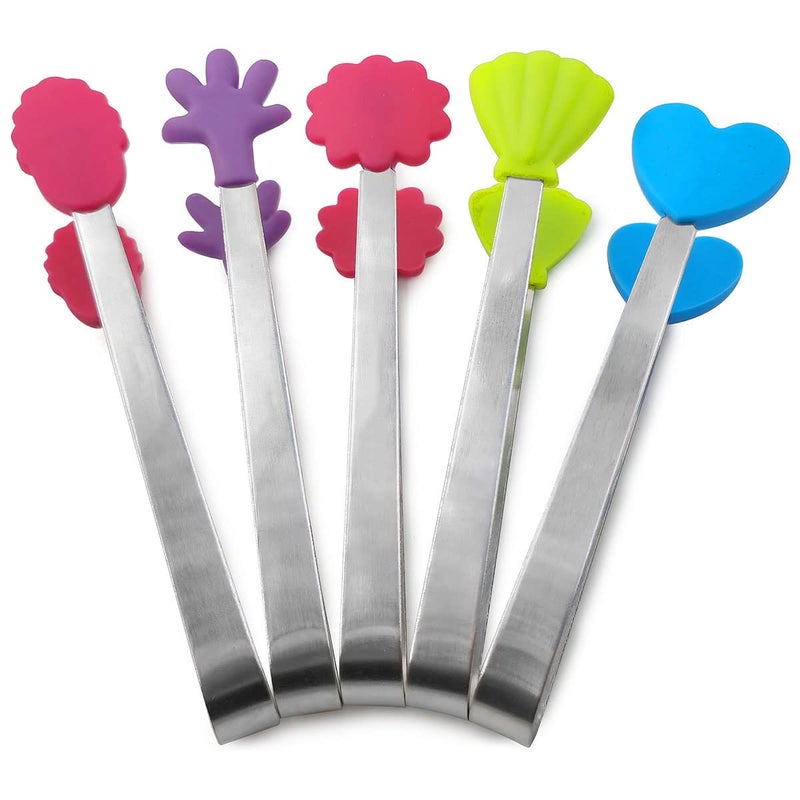 Daycount 5pcs Stainless Steel Sugar Tong 5Inch Mini Serving Tongs With Creative Silicone Head For Tea Coffee Party