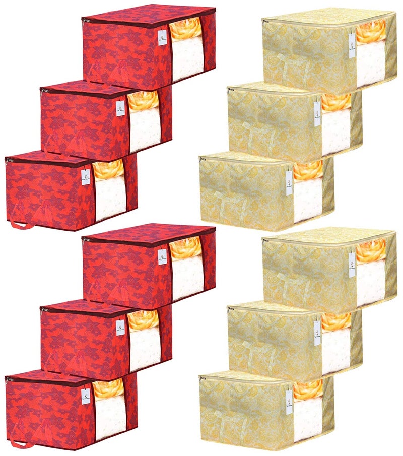Kuber Industries Kuber Industries Metalic Printed 12 Piece Non Woven Fabric Underbed Storage BagCloth OrganiserBlanket Cover with Transparent Window Gold Red CTKTC041306  - Image 1
