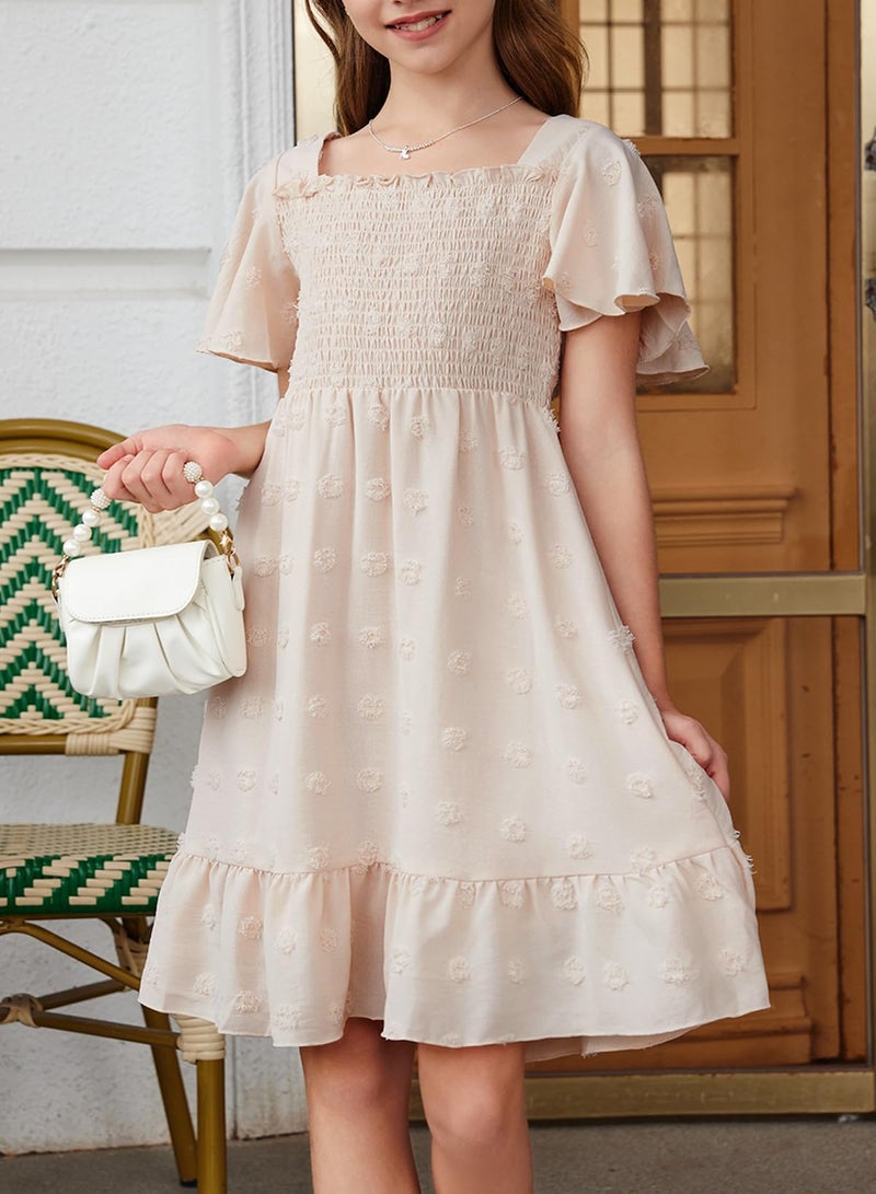 blibean Tween Girls Summer Dress Teen Girl Chiffon Flower Boho Dresses Big Kids Bell Short Sleeve Formal Clothes Tulle Swiss Dots Vestidos Niñas Size 14 15 16 Years Old Cream - Image 4