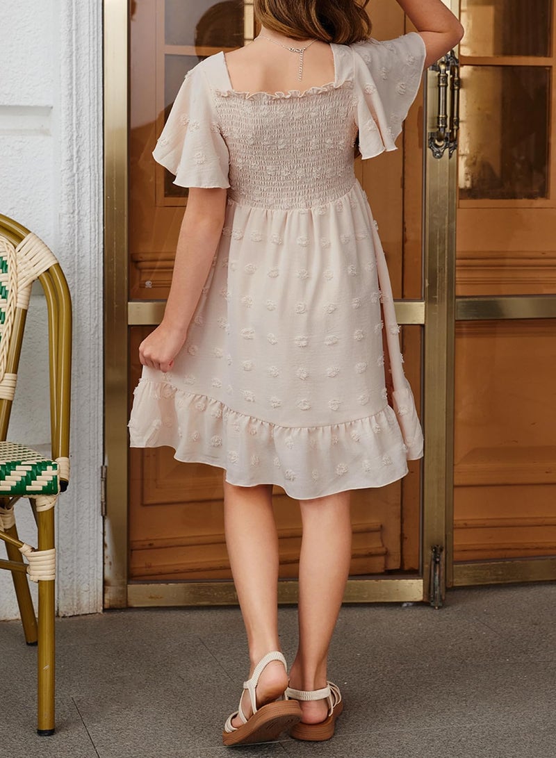 blibean Tween Girls Summer Dress Teen Girl Chiffon Flower Boho Dresses Big Kids Bell Short Sleeve Formal Clothes Tulle Swiss Dots Vestidos Niñas Size 14 15 16 Years Old Cream - Image 3