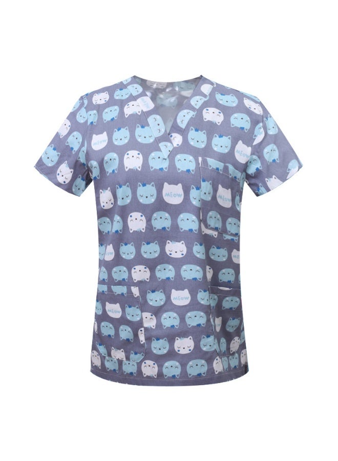 Loquat Womens Medical Scrubs Single Top Medical Uniform Single Printed Top Meow Print on Grayish Blue Background - Image 1