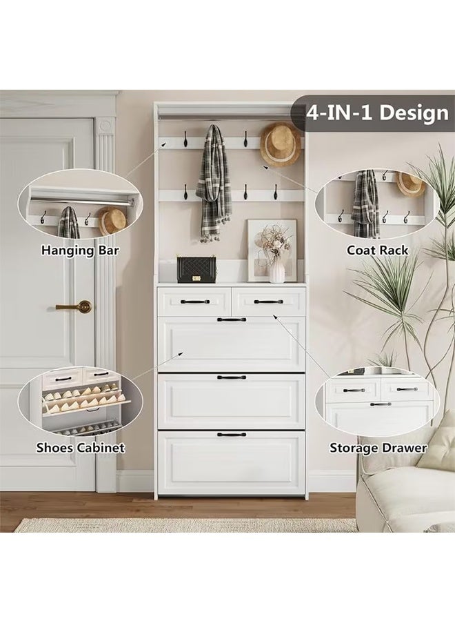 Integrated Dust-Proof Shoe Cabinet, Space-Saving Closed Shoe Rack with Hooks & Storage Drawers, Freestanding Entryway Storage Organizer for Shoes, Bags, Clothes and Accessories (XG046 -White) - Image 4