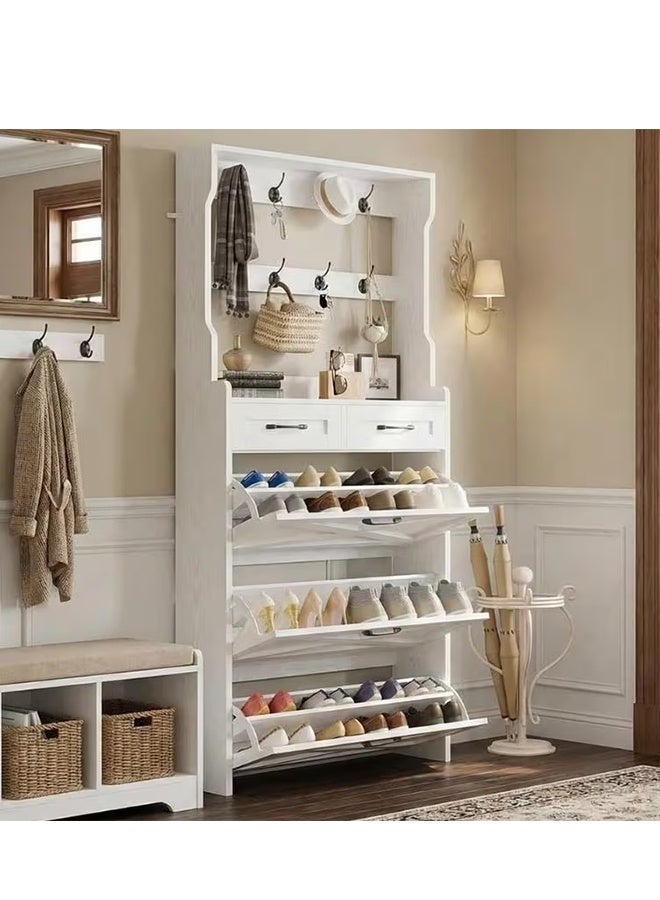 Integrated Dust-Proof Shoe Cabinet, Space-Saving Closed Shoe Rack with Hooks & Storage Drawers, Freestanding Entryway Storage Organizer for Shoes, Bags, Clothes and Accessories (XG046 -White) - Image 2