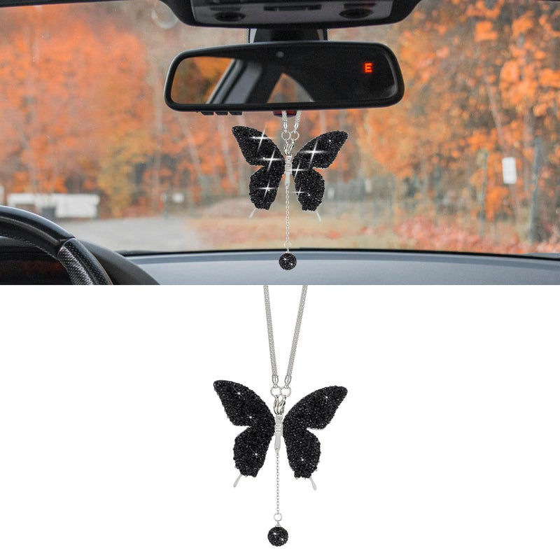 Couslcd Bling Butterfly Diamond Car Accessories Crystal Car Rear View Mirror Charms for Women Car Decoration Lucky Hanging Interior Crystal Ornament Pendant Decor for All Cars Black - Image 3