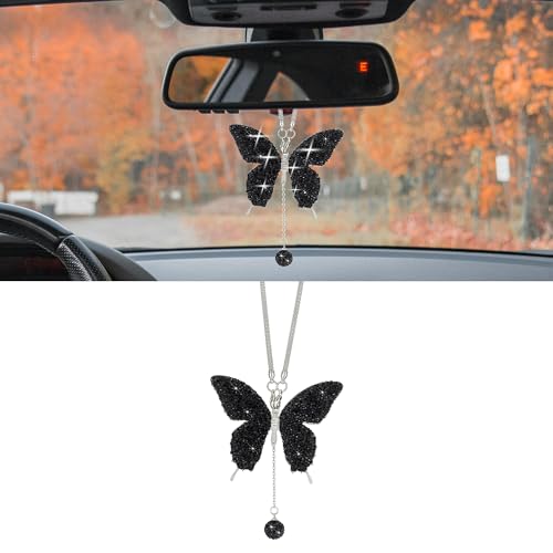 Couslcd Bling Butterfly Diamond Car Accessories Crystal Car Rear View Mirror Charms for Women Car Decoration Lucky Hanging Interior Crystal Ornament Pendant Decor for All Cars Black - Image 1