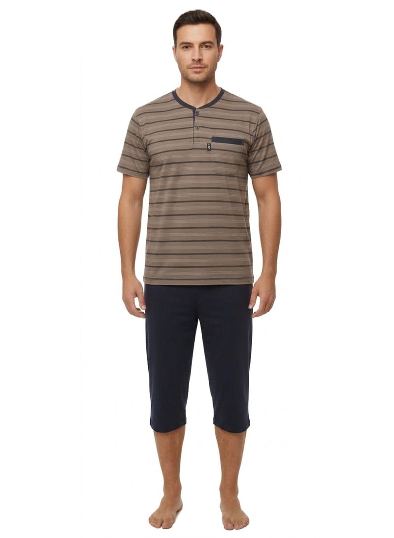 Men Summer Pajama Set Striper Top & Plain Pantacurt