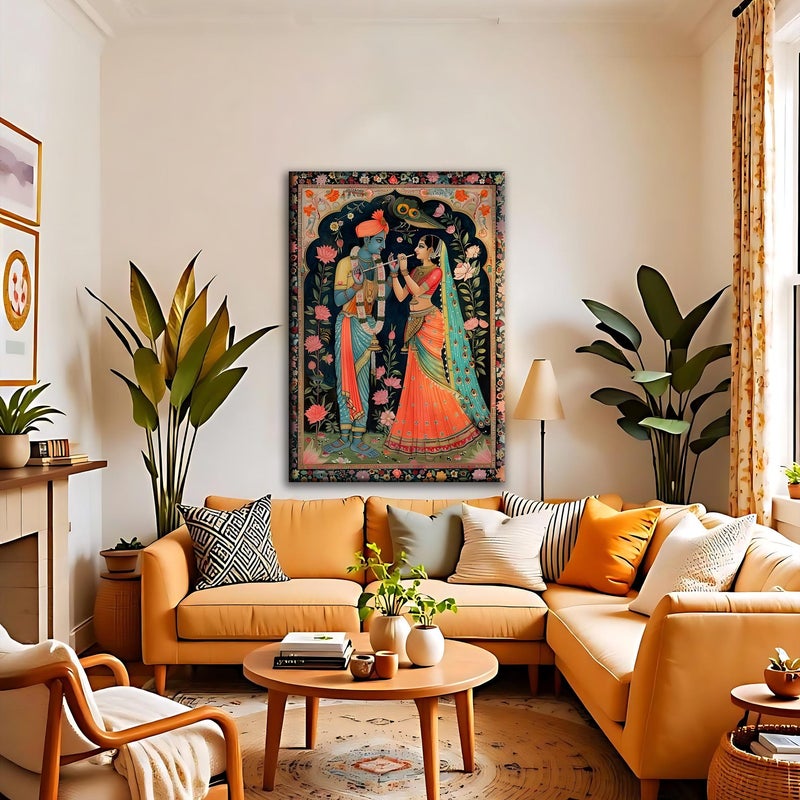ARS Framed Canvas Abstract Painting Print of Romantic Krishna, Lord Krishna Flute Canvas: Hindu God Spiritual Wall Art, Embrace Canvas, Hindu Mythology Love Art, Spiritual Wall Decor, Vibrant Couple Portrait, Ready to Hang Print Art - Image 2