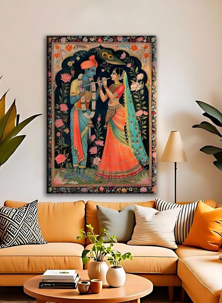 ARS Framed Canvas Abstract Painting Print of Romantic Krishna, Lord Krishna Flute Canvas: Hindu God Spiritual Wall Art, Embrace Canvas, Hindu Mythology Love Art, Spiritual Wall Decor, Vibrant Couple Portrait, Ready to Hang Print Art - Image 1
