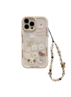Compatible with iPhone 15 Pro Max Case, White Border and Cute Dogs Pattern Shockproof Case Cover with Lovely Strap Bracelet Chain Girls Women Case for iPhone 15 Pro Max