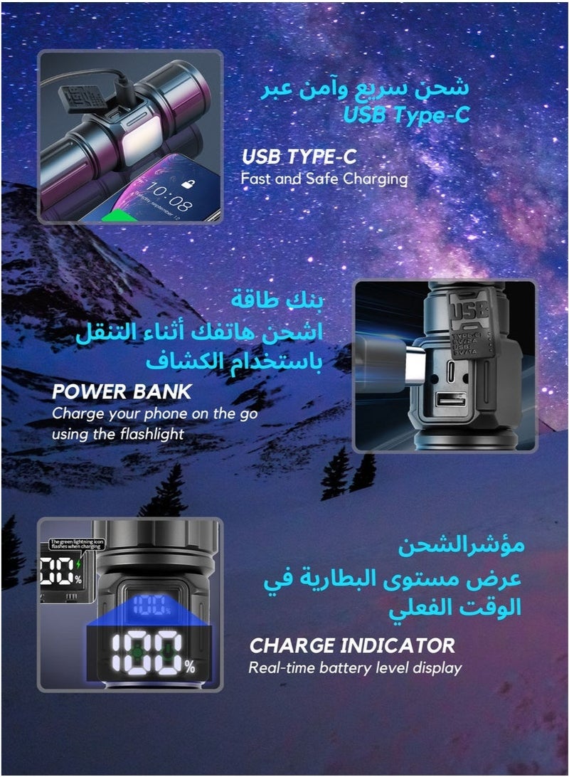 مصباح يدوي للتخييم | 9 أوضاع إضاءة عالية لومن، مقاوم للماء والصدمات | ملحق تخييم LED قابل للتكبير والتصغير حتى 1500 متر، بقوة 30 واط | بطارية قابلة لإعادة الشحن 5000 مللي أمبير/ساعة للاستخدام حتى 10 ساعات | قاعدة مغناطيسية مع ضوء جانبي COB للمشي لمسافات طويلة والصيد في حالات الطوارئ، متعدد الاستخدامات - Image 3