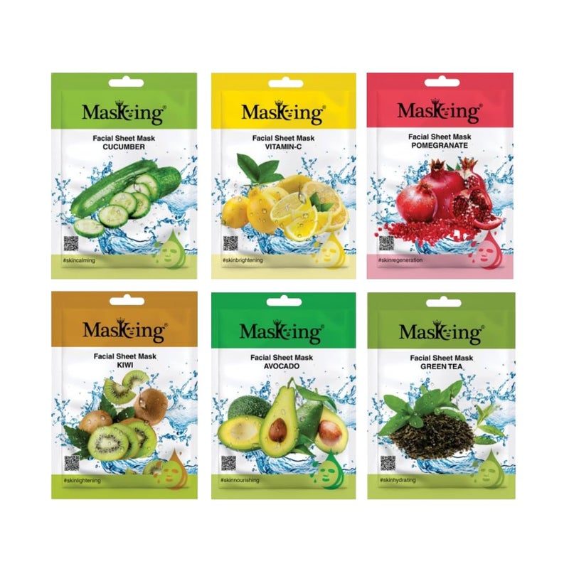 MasKing Beauty Cucumber VitaminC Pomegranate Kiwi Avocado Green tea extract Facial sheet mask for glowing and hydrating daily Skin care combo pack of 6 - Image 1